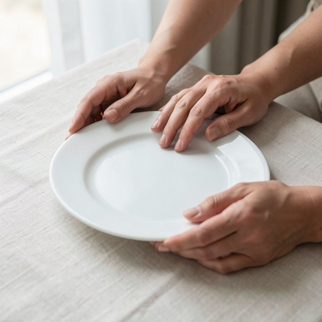Close-up of two hands resting beside an empty white plate on a pale linen tablecloth, soft diffused daylight