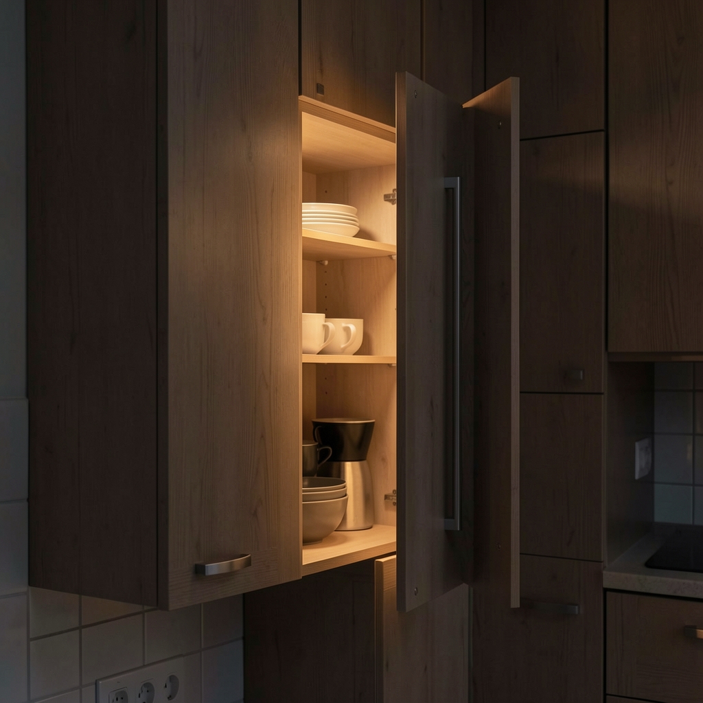 Kitchen cupboard door slightly ajar in dim evening light, the interior faintly visible in low warm illumination
