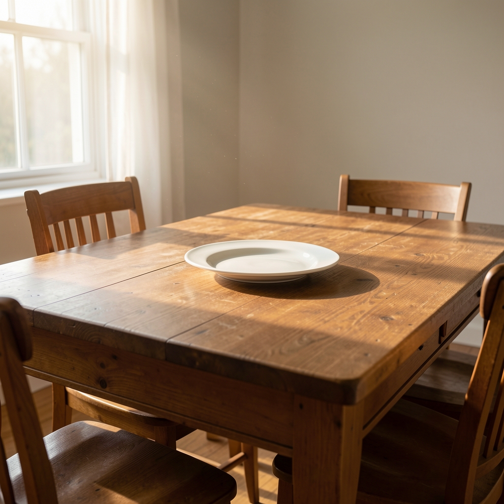 Wooden dining table with a single white plate, soft morning light falling through a window onto a quiet room