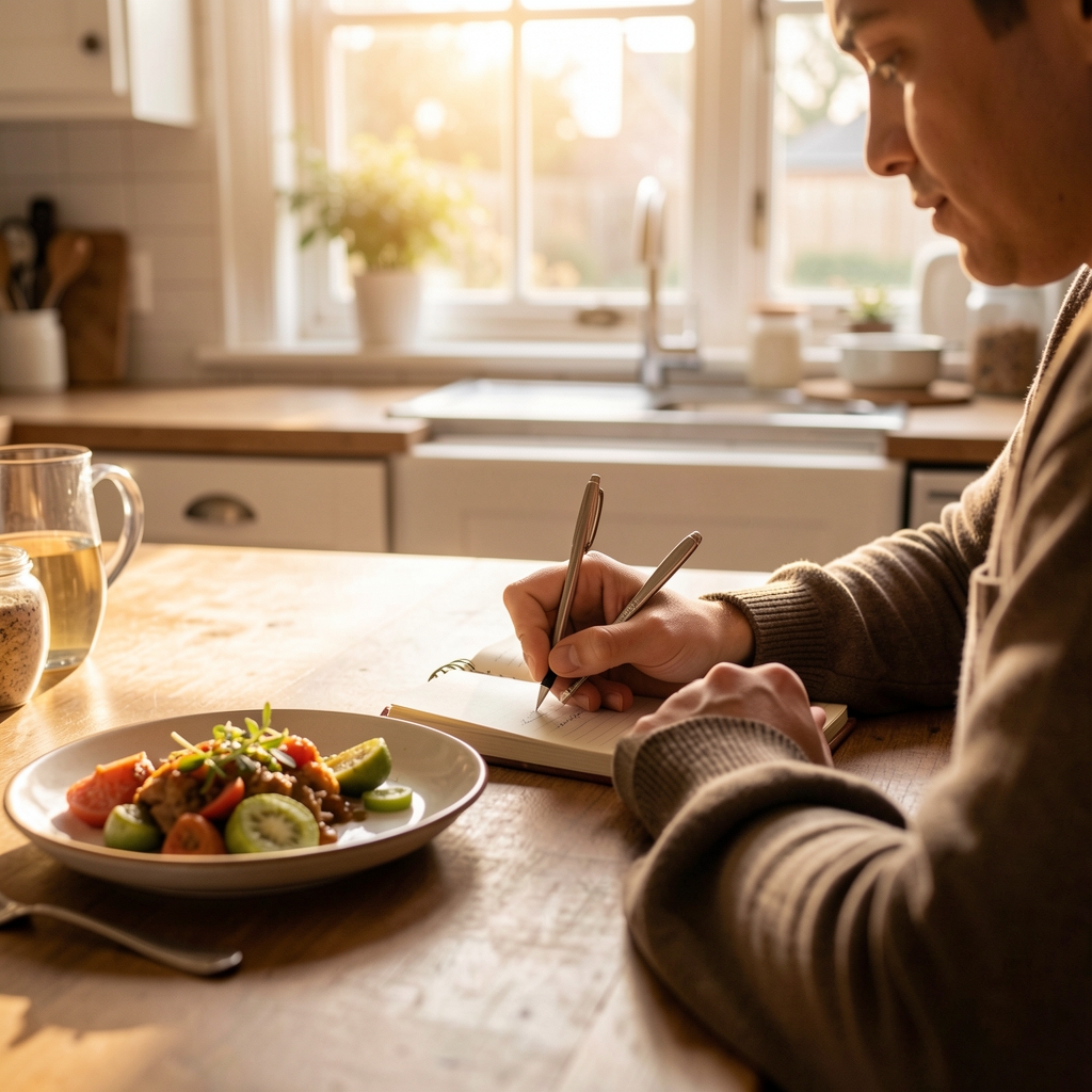 A person writing in a small notebook at a kitchen table, a half-finished meal in front of them, warm morning light from a window behind