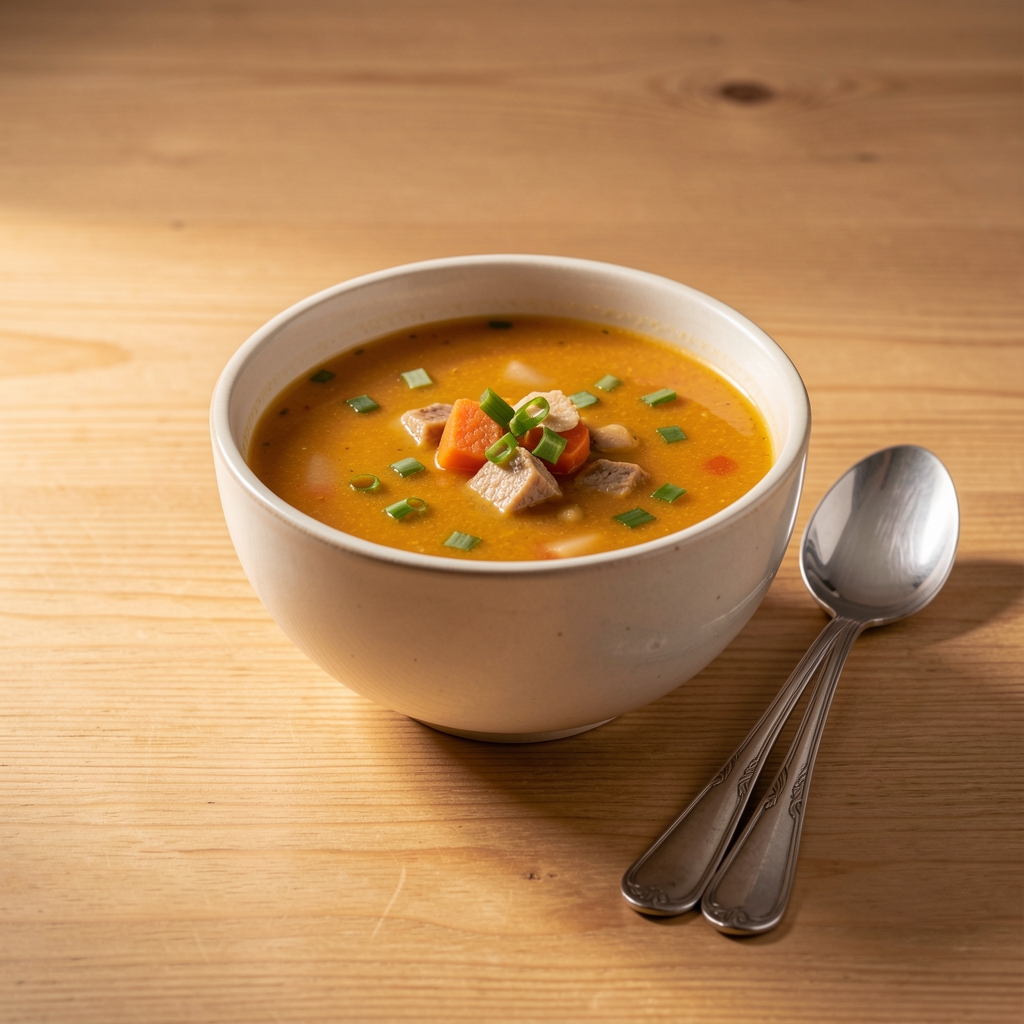 Single bowl of soup on a bare wooden table, spoon resting at the side, warm directional studio lighting