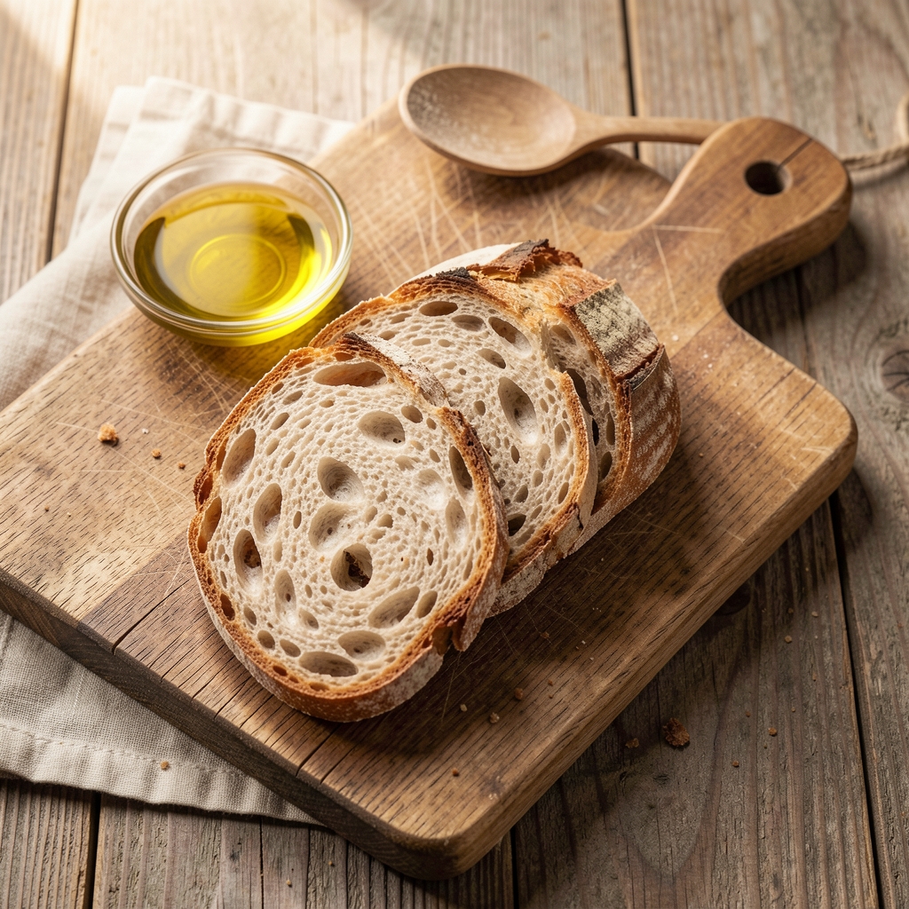 Slice of sourdough bread on a board with a small dish of olive oil, photographed from above in natural daylight