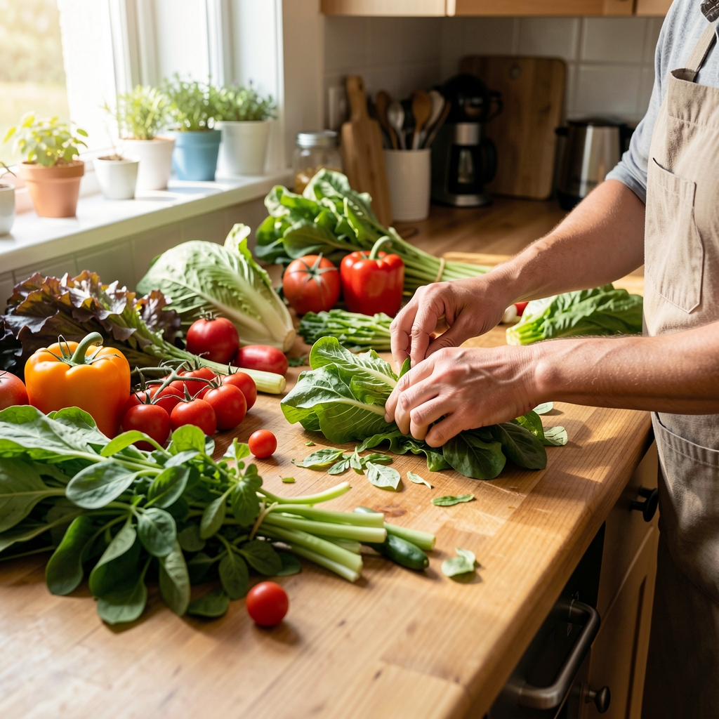 Busy kitchen bench with various fresh vegetables spread across it, hands visible sorting through leafy greens, afternoon light