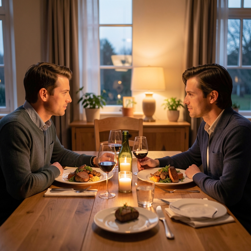 Two people seated at a dining table in quiet conversation, plates of food between them, warm low evening light