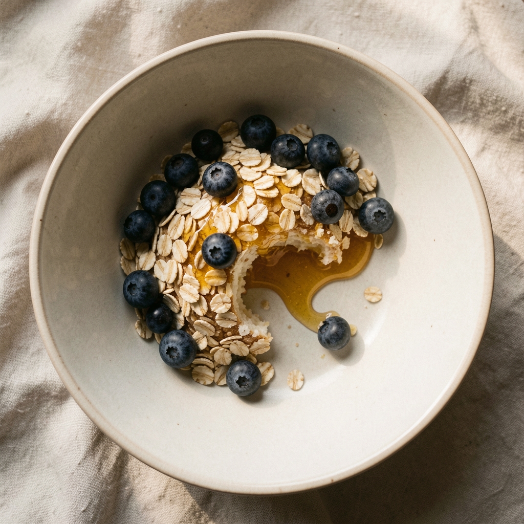 Overhead view of a half-eaten breakfast with oats, blueberries and honey on a pale ceramic bowl, morning window light