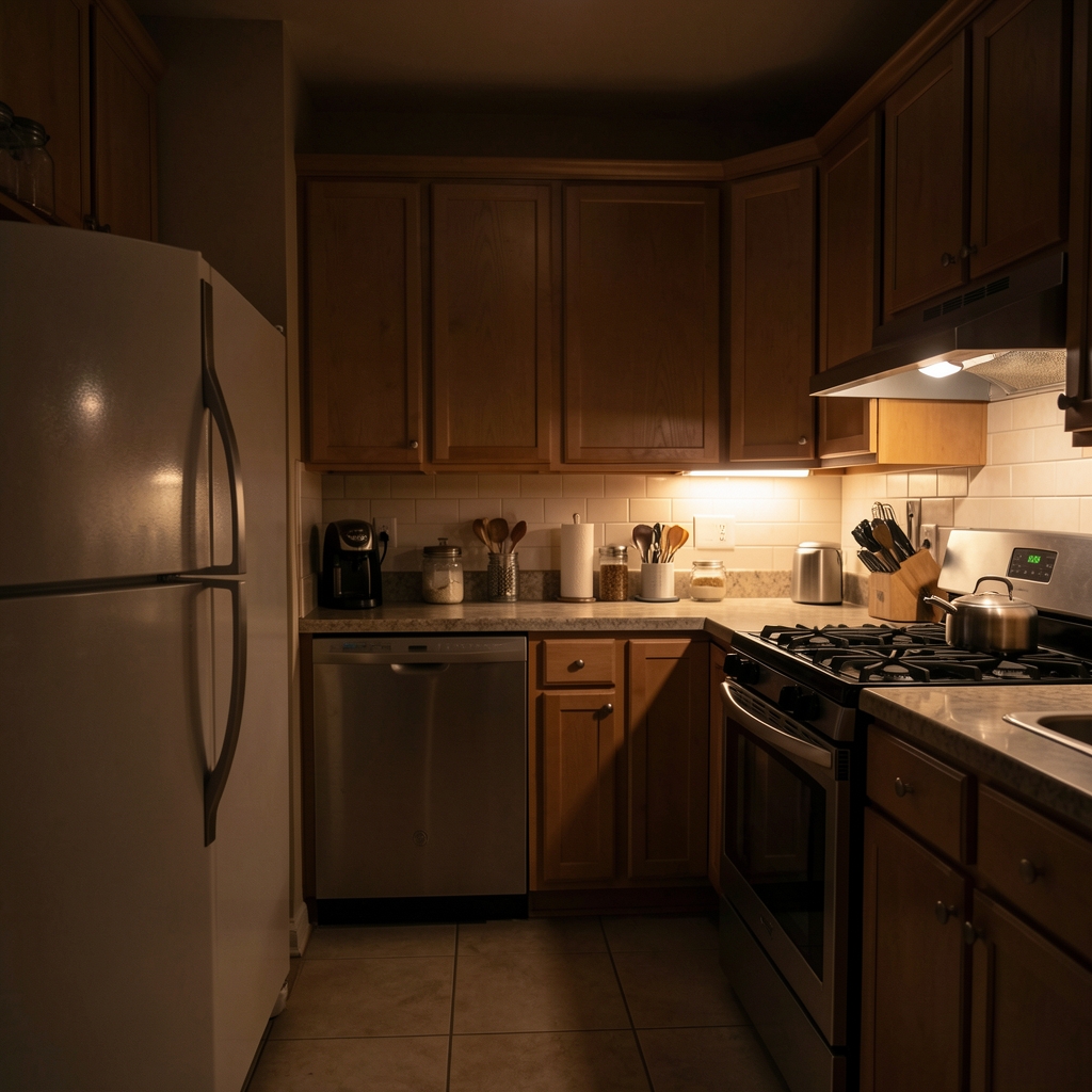 A dimly lit kitchen in the evening, the refrigerator light on, the rest of the room in shadow, warm but quiet atmosphere