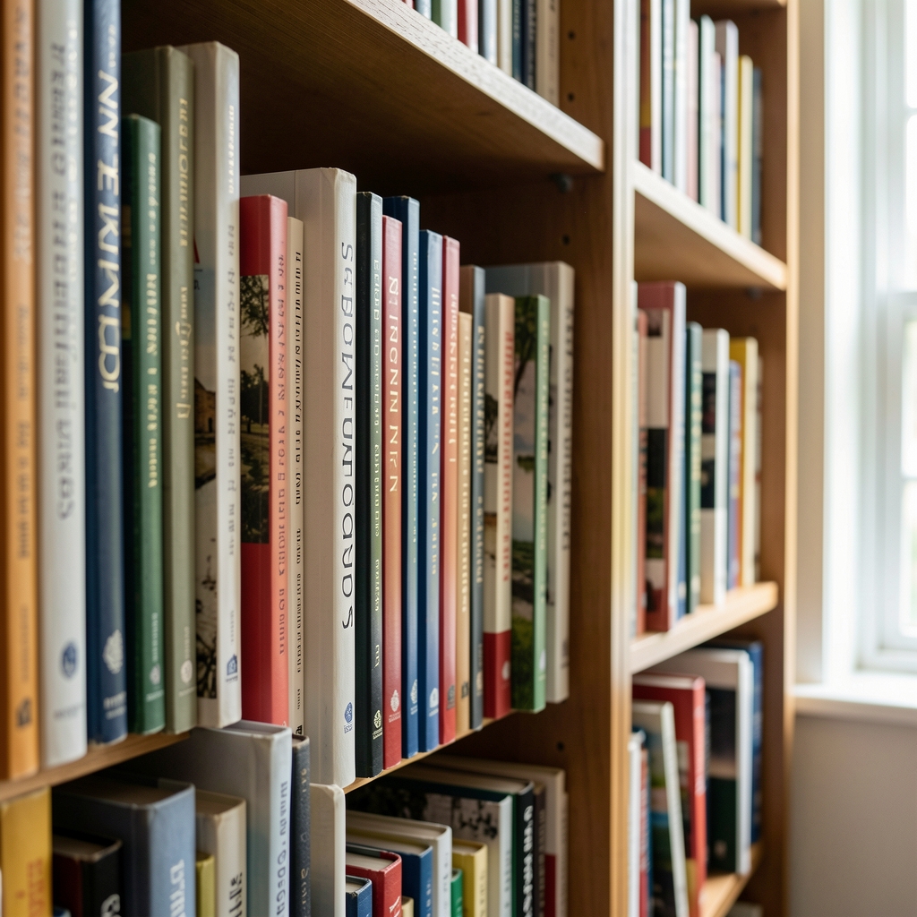 Close-up of a bookshelf filled with books and journals, the spines visible in natural light from a nearby window