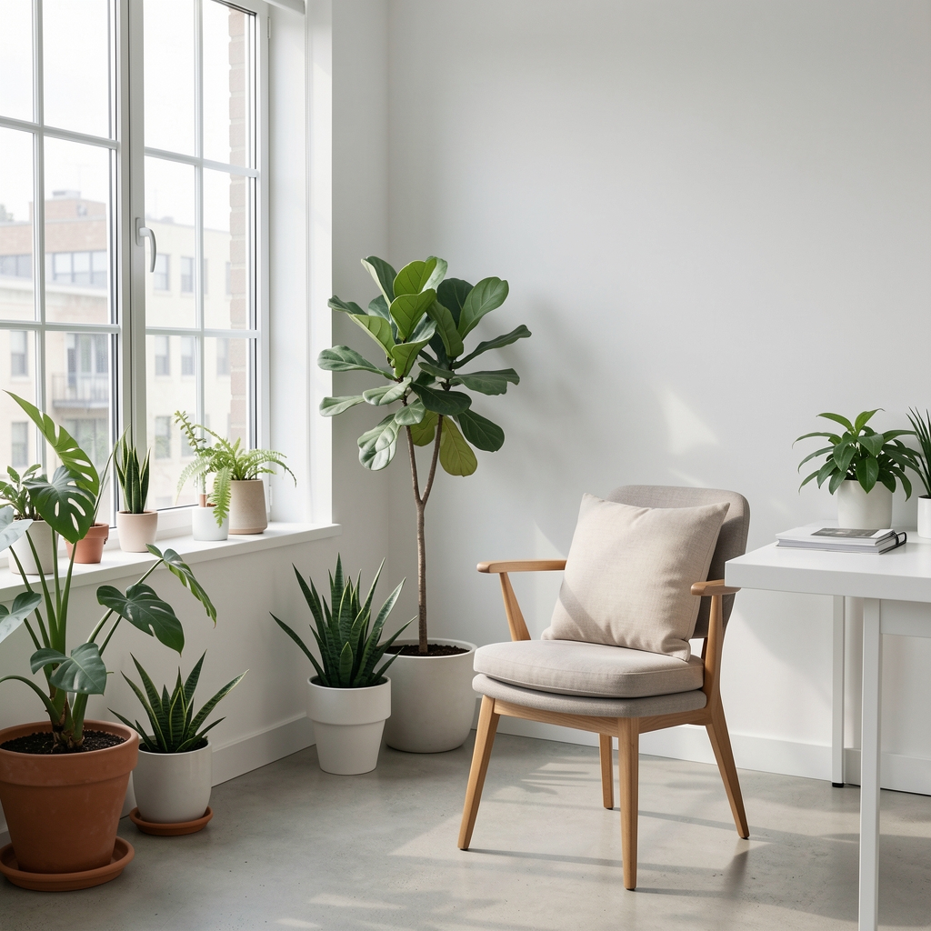 Corner of a bright editorial office with plants, a large window, and a chair with a cushion, clean minimal workspace